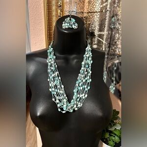 Necklace & Earrings Set Turquoise Shell Beaded Mermaid Net Multi-Strand Jewelry